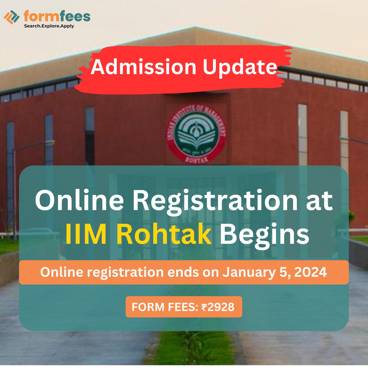 formfees's tweet photo. IIM Rohtak has officially launched its online registration process for the next batch.

#formfees #IIMRohtak #catscore #MBA #Admissionupdate #admissionregistrations 

(Feel free to connect on WhatsApp and get up to 80% off on Colleges Application Form https://t.co/Ekth3q4bAU) https://t.co/QthVetTU63