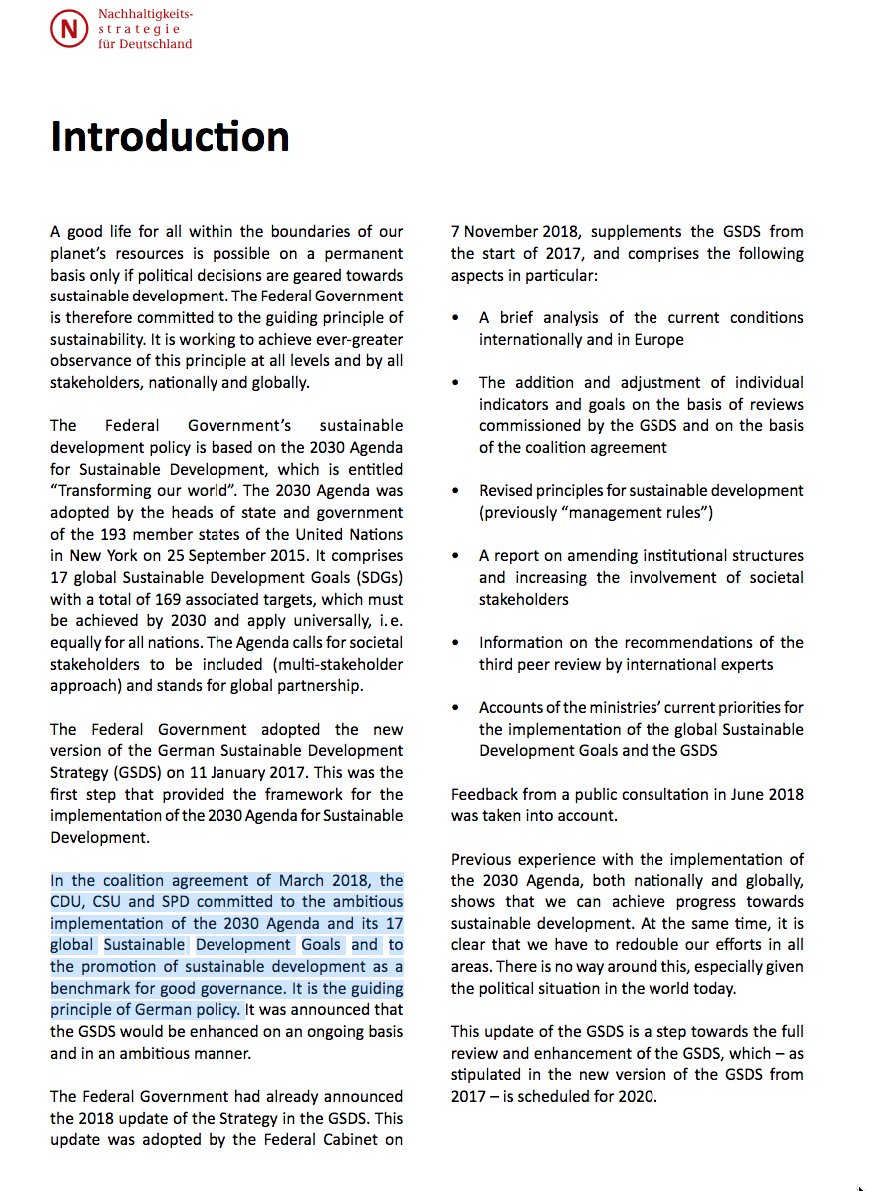 #Agenda2030 'German Sustainable Development Strategy 2018 Update' '... Im Koalitionsvertrag vom März 2018 haben sich die haben sich CDU, CSU und SPD zur ambitionierten Umsetzung der 2030-Agenda und ihrer 17 globalen Ziele für nachhaltige Entwicklung und zur Förderung der