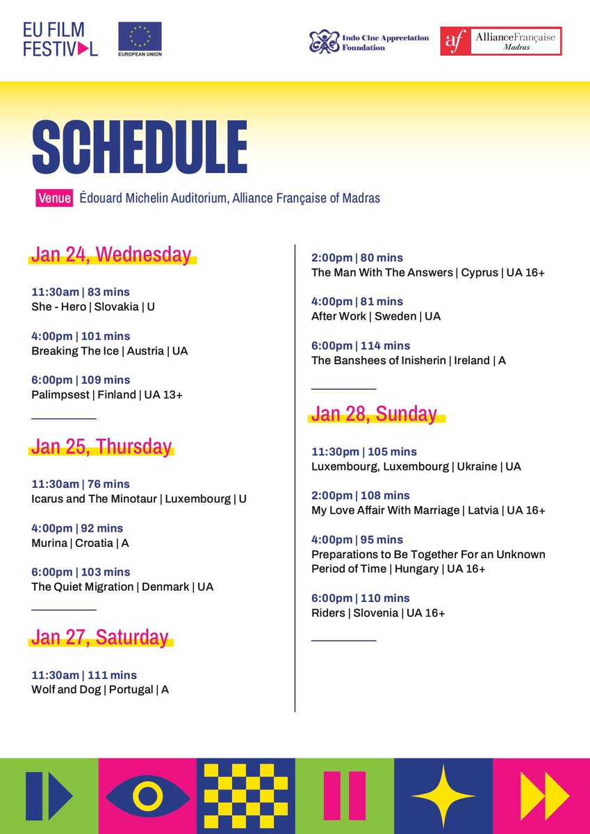 SCHEDULE UPDATE - #EUFF2024 is coming to #CHENNAI from 19–28 Jan. The screening schedule is now live! Watch a diverse lineup of European films in varied genres @AFMadras . Seats available on FIRST COME FIRST SERVE basis - No registration needed! #WindowToEurope