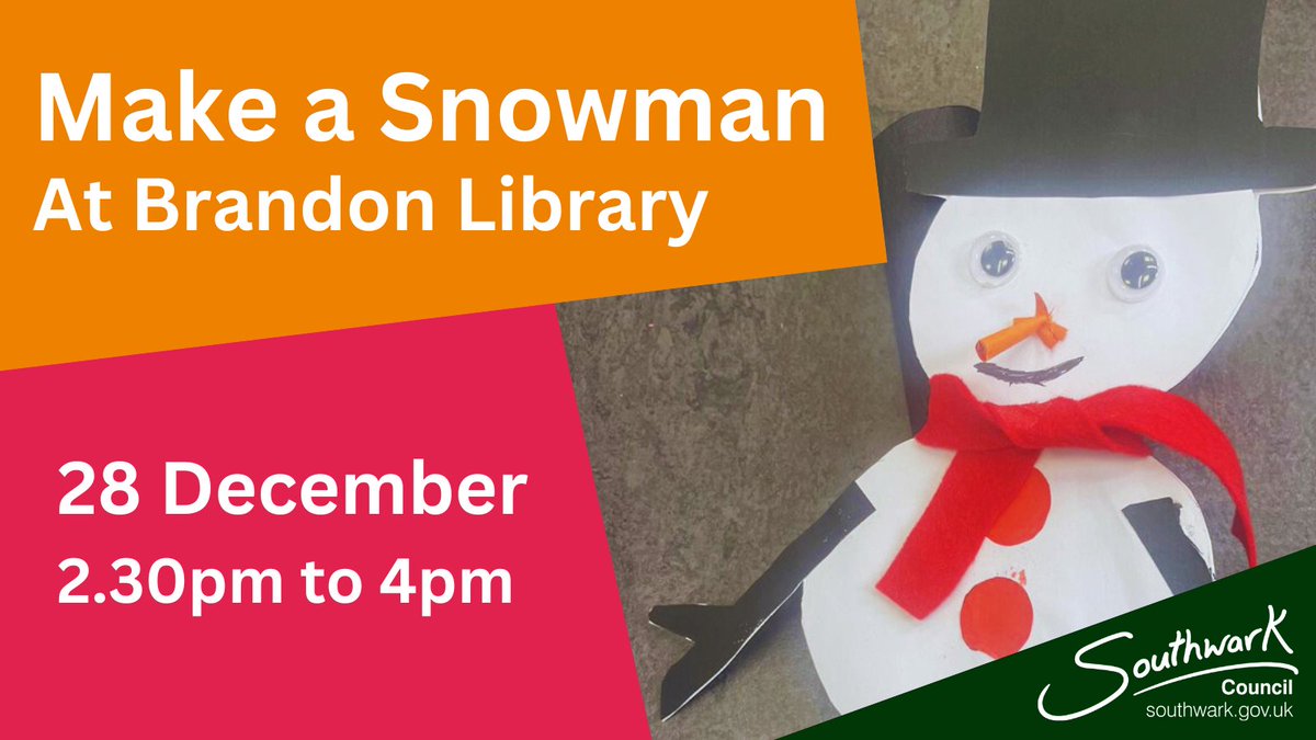 SouthwarkLibs's tweet image. Make a snowman with us at #BrandonLibrary
A festive arts and crafts session ages 5 and above.
Thursday 28 December from 2.30pm
orlo.uk/YjUEu