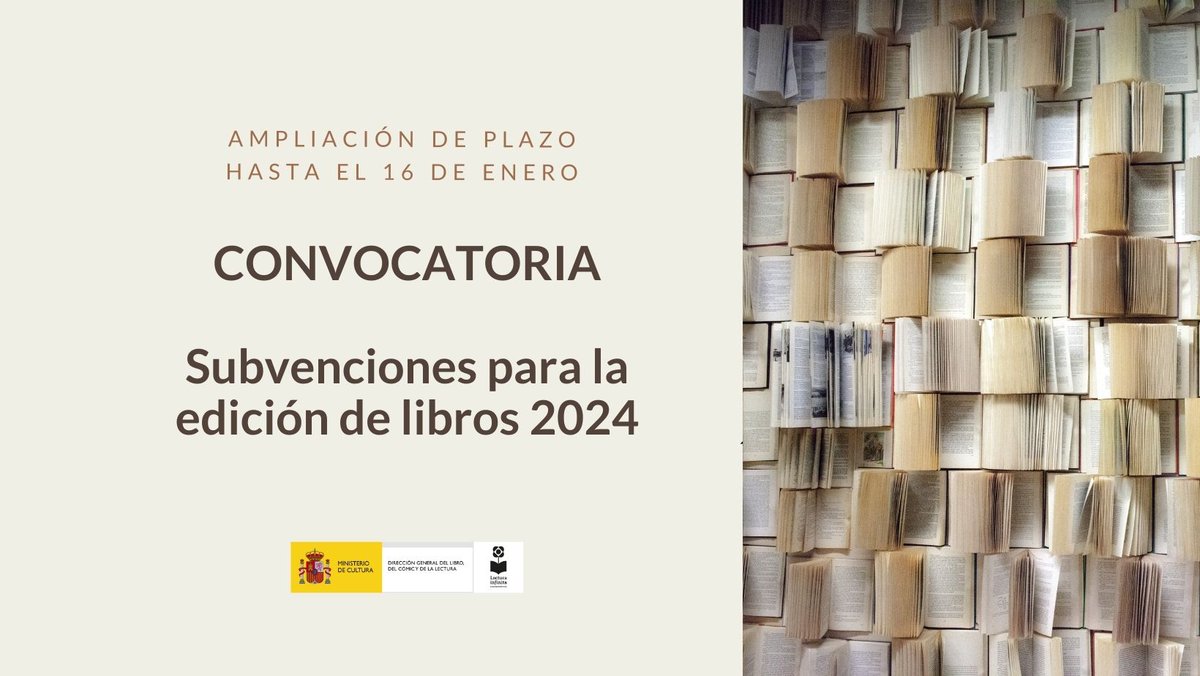 📢¡Atención, #editores! Ampliamos el plazo para solicitar las subvenciones a la edición de libros de <a href="/culturagob/">Ministerio de Cultura</a> :
🗓️Hasta el 16 de enero
💻Más información: cultura.gob.es/cultura/libro/…