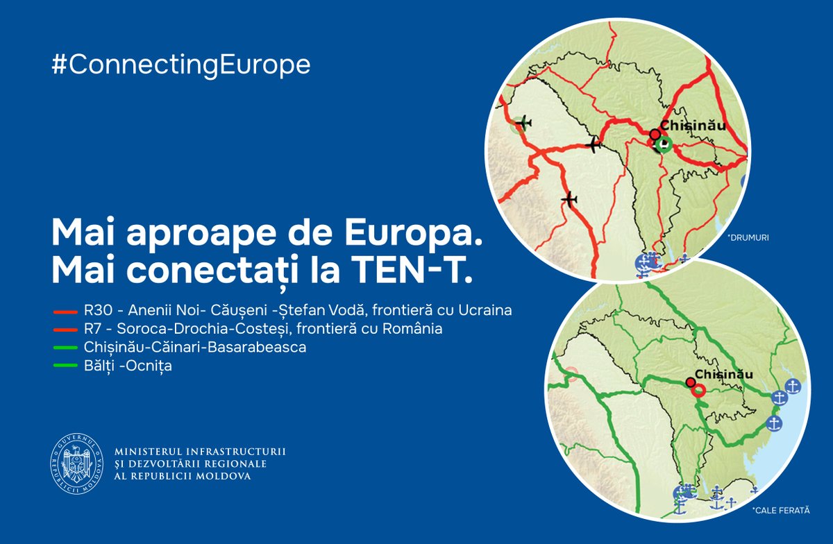 🇪🇺 We are getting closer to Europe. Two road segments and the Chisinau-Cainari-Basarabeasca and Balti-Ocnita railway lines will be part of the TEN-T network. 
✅ We will rehabilitate the infrastructure and have better economic and social cohesion with the #EU

#DGMOVE #EU