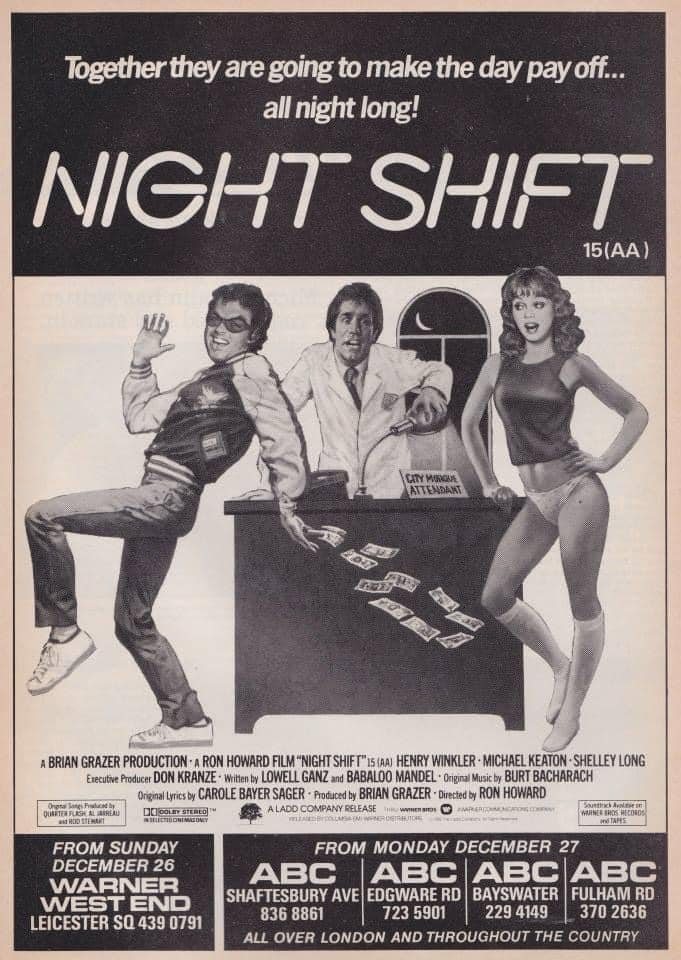 Forty-one years ago today at the Warner West End, they were going to make the day pay off all night long… #NightShift #1980s #film #films #comedy #MichaelKeaton #HenryWinkler #ShelleyLong #RonHoward