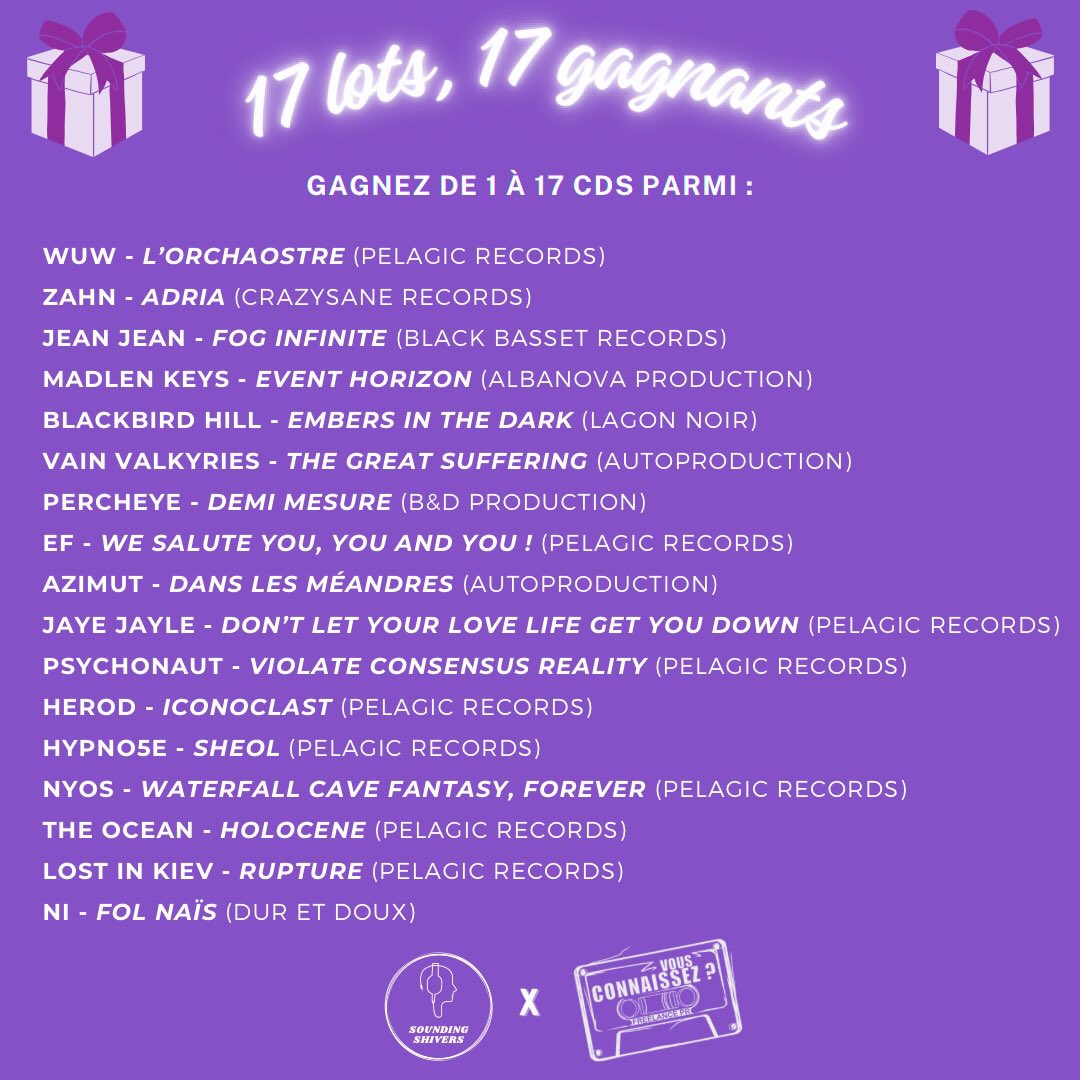 🎉 Sounding Shivers a 1 an ! 🎉

🎁 RDV sur Facebook et Instagram pour gagner de 1 à 17 CDs, en partenariat avec Vous Connaissez ? 

Y’a du beau monde, entre <a href="/Hypno5e/">Hypno5e</a>, <a href="/jeanjeanband/">Jean Jean</a>, @Madlenkeys_off, The Ocean, Psychonaut, Nyos, EF, Vain Valkyries, @LostInKiev…
