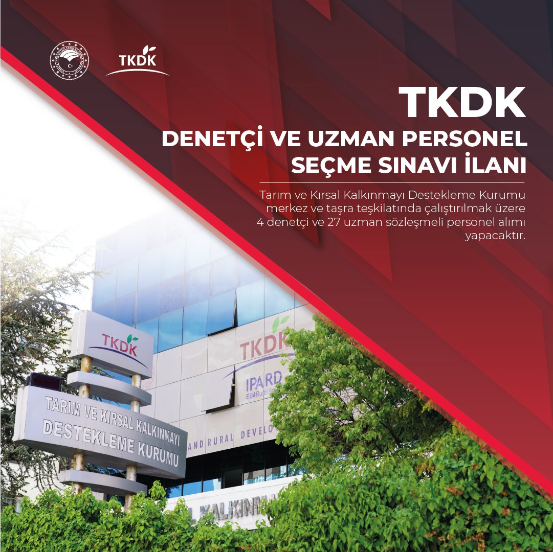 TKDK (@tkdkonline) on Twitter photo Tarım ve Kırsal Kalkınmayı Destekleme Kurumu merkez ve taşra teşkilatında çalıştırılmak üzere 4 denetçi ve 27 uzman sözleşmeli personel alımı gerçekleştirecektir.
İlan detayları için👇
tkdk.gov.tr/Duyuru/tkdk-de…
<a href="/TCTarim/">T.C. Tarım ve Orman Bakanlığı</a> <a href="/ibrahimyumakli/">İbrahim Yumaklı</a> Tarım ve Kırsal Kalkınmayı Destekleme Kurumu merkez ve taşra teşkilatında çalıştırılmak üzere 4 denetçi ve 27 uzman sözleşmeli personel alımı gerçekleştirecektir.
İlan detayları için👇
tkdk.gov.tr/Duyuru/tkdk-de…
<a href="/TCTarim/">T.C. Tarım ve Orman Bakanlığı</a> <a href="/ibrahimyumakli/">İbrahim Yumaklı</a>