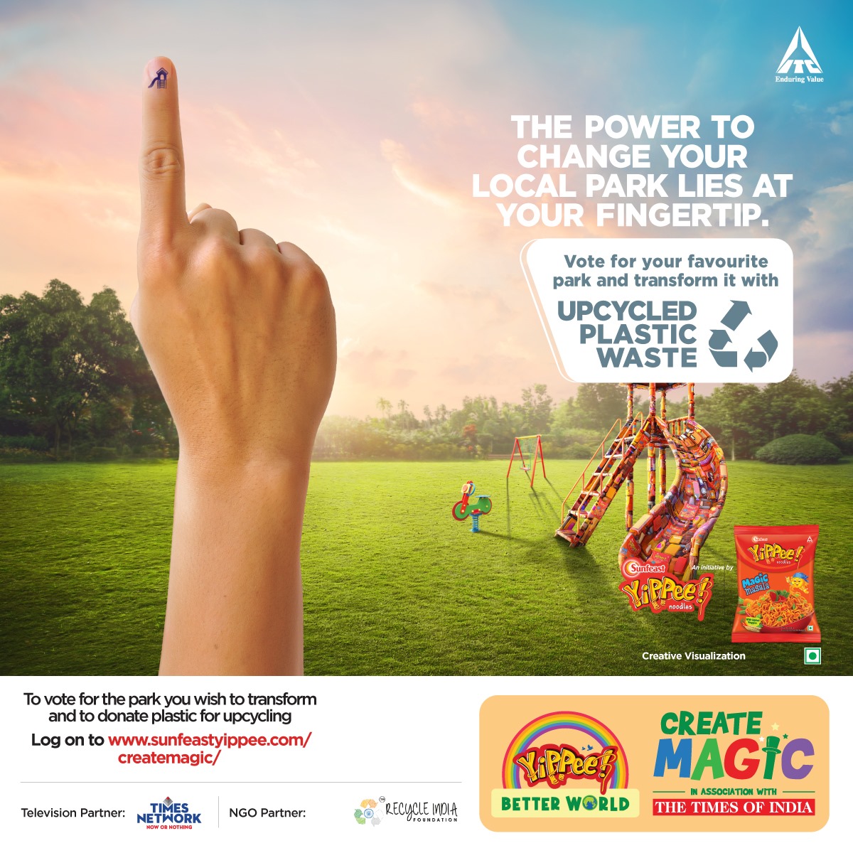 Empower your community! Vote for your favorite park's transformation with Upcycled Plastic Waste Join the movement with @SunfeastYippee Noodles & @timesofindia Visit sunfeastyippee.com/createmagic to cast your vote for a sustainable change. Together, let's create magic!