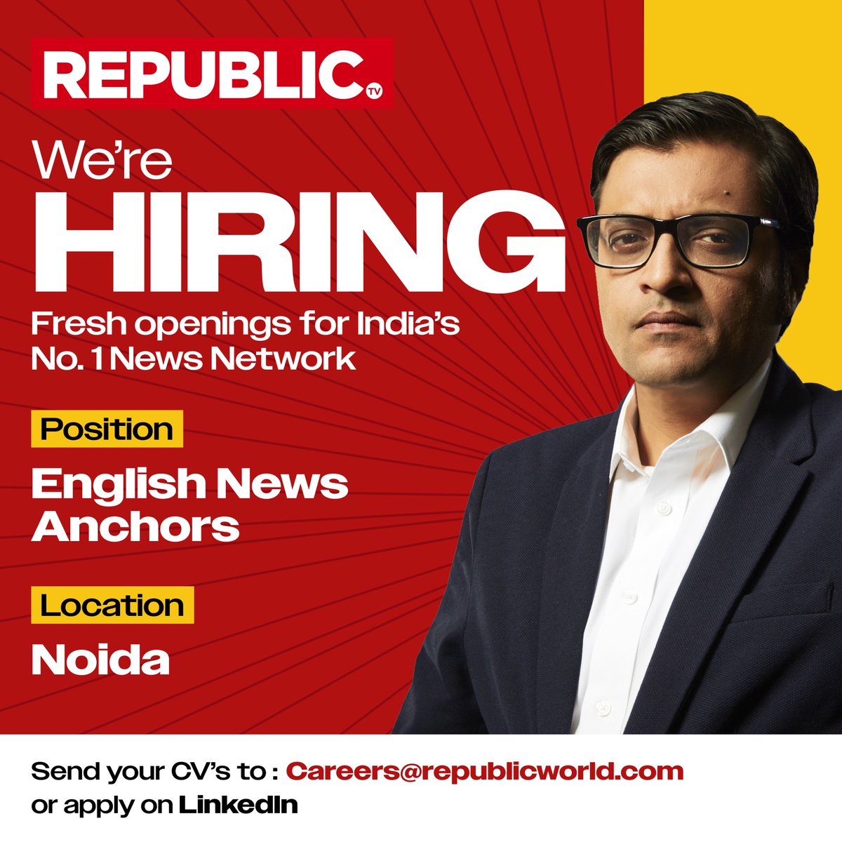 India's Number 1 news network Republic is hiring for a host of exciting positions! If you think you fit the bill, apply via LinkedIn here - linkedin.com/jobs/republic-… or email your CVs with the position in the subject line to careers@republicworld.com #Republic #Hiring #RepublicTV…