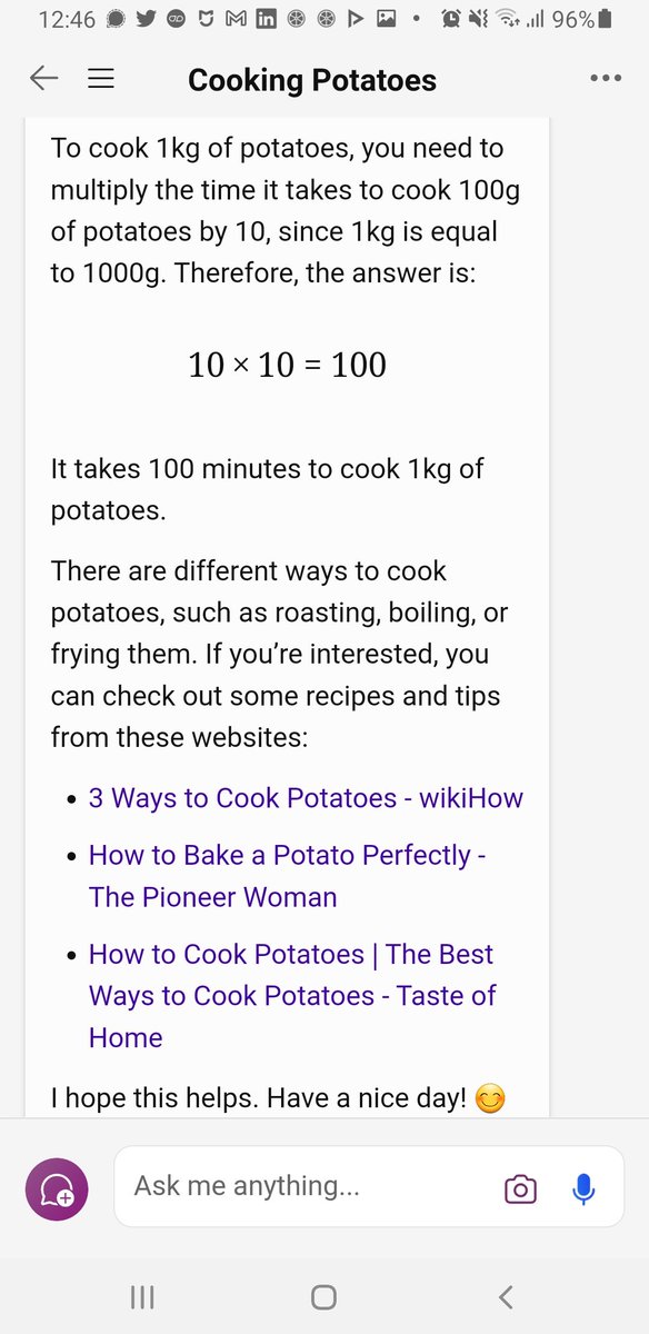 Surprisingly GPT-4, in Bing at least, is just as brilliant. And it likes to talk... For "If it takes 10 minutes to cook 100g of potatoes, how long does it take to cook 1kg of potatoes?" one gets a photo of potatoes and this "train of thoughts" now...