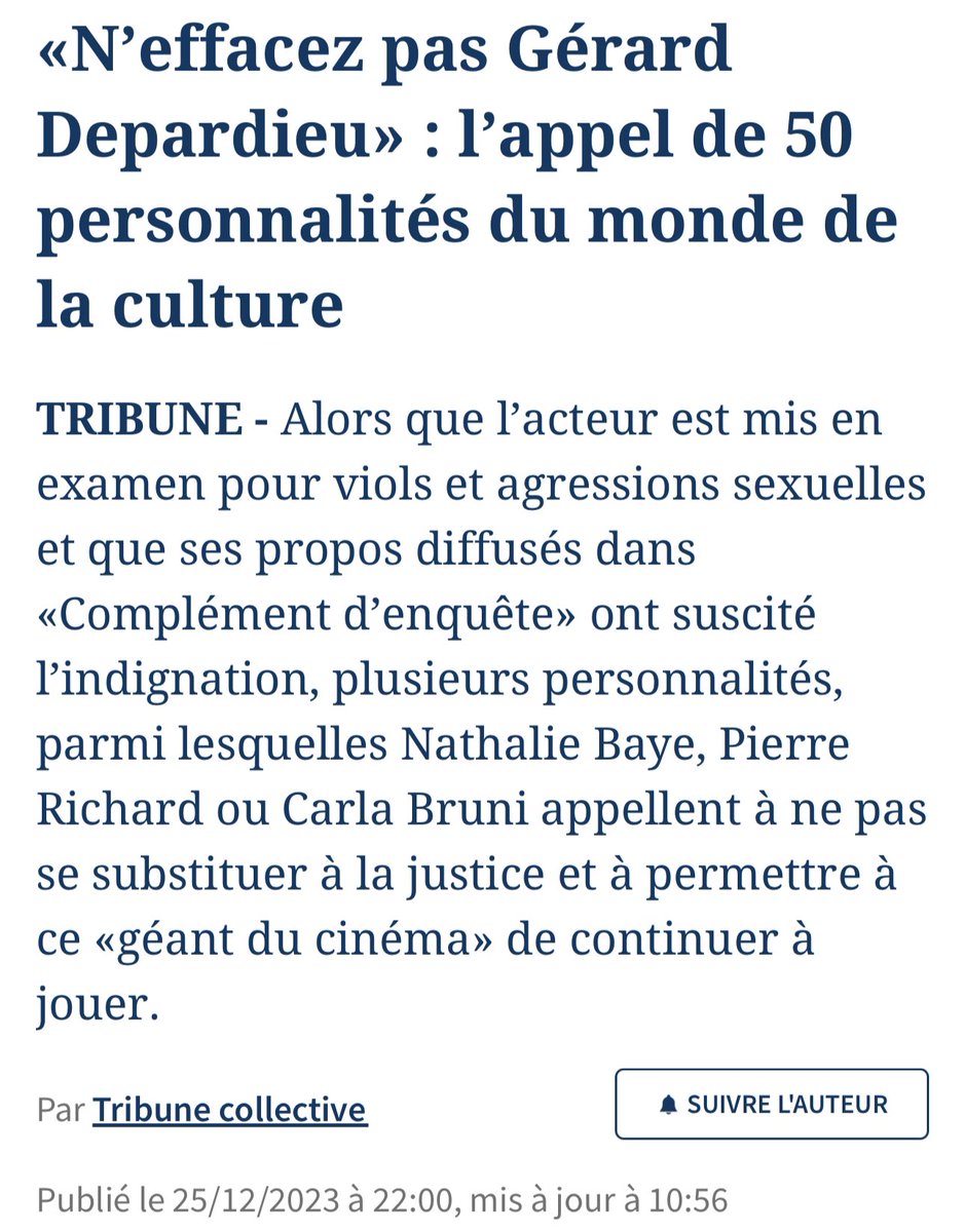 Je n’arrive pas à trouver le début d’une justification à ce texte : « effacer Gérard Depardieu », personne n’y songe. Effacer la parole et la souffrance des victimes, par contre, cela m’a l’air bien engagé…