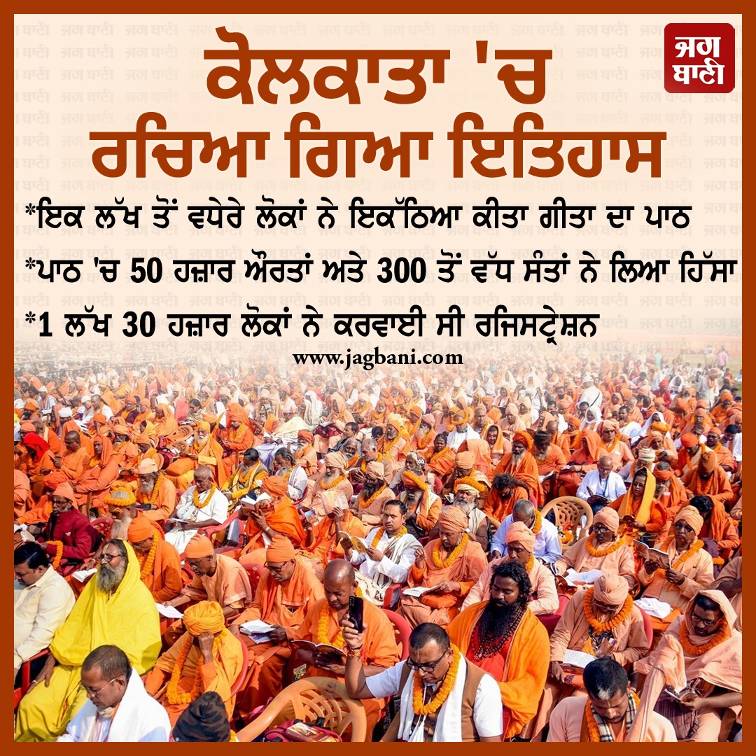 JagbaniOnline's tweet photo. ਕੋਲਕਾਤਾ 'ਚ ਰਚਿਆ ਗਿਆ ਇਤਿਹਾਸ
ਇਕ ਲੱਖ ਤੋਂ ਵਧੇਰੇ ਲੋਕਾਂ ਨੇ ਇਕੱਠਿਆ ਕੀਤਾ ਗੀਤਾ ਦਾ ਪਾਠ
#Kolkata #History #BhagavadGita #ParadeGround #OneLakh, #People #Gita #Registration #Jagbani https://t.co/WSbrzyK6UX