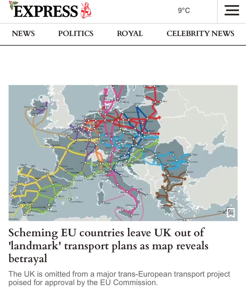 This insane Express story is now top of their website front page. For the hard of thinking, this is entirely down to Brexit: 1. We used to participate in the pan-EU transport network 2. We decided to leave the EU 3. We failed to negotiate being included in the continuing project