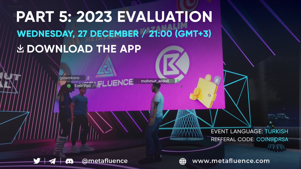 Hello friends! 

Yes, we are about to leave a whole year behind.

At the last Coin Borsa event of the year, we will evaluate 2023 together and share our predictions for 2024. 👀

See you on the evening of December 27 for this important meeting.

@mahmut_erdl

#Metaverse #Web3