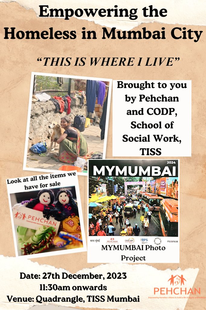 CODP,TISS students, placed in #Pehchan are organising an awareness campaign homeless in #MyMumbai and putting up a stall dedicated to the same. Products made by the homelesscommunity of Mumbai will also be sold herePlease do visit us at TISS Quadrangle on 27 Dec, from 11:30am