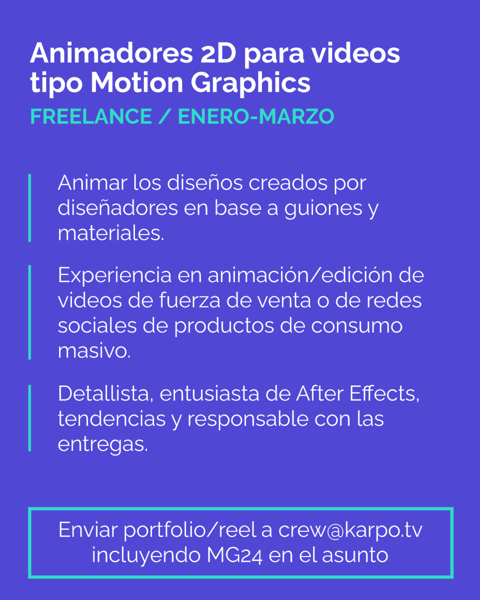 karpo's tweet photo. Hola! En Karpo buscamos Project Managers, diseñadores y animadores para videos motion graphics. Freelance/remoto para proyectos entre enero y marzo. Cada placa tiene info del rol y de contacto ¿Nos ayudás a llegar a más gente compartiendo la búsqueda o etiquetando amigos? https://t.co/4k1HjdIFFk