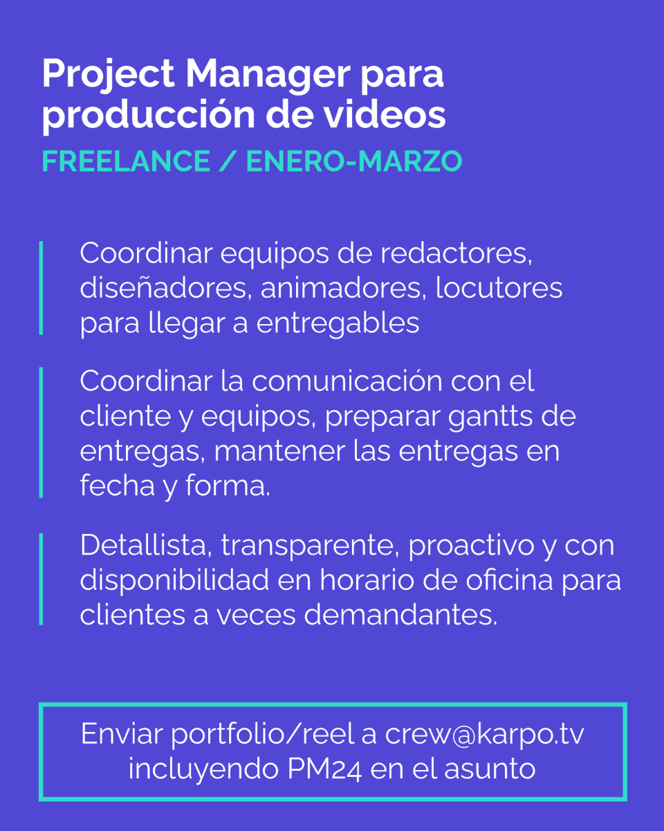 karpo's tweet photo. Hola! En Karpo buscamos Project Managers, diseñadores y animadores para videos motion graphics. Freelance/remoto para proyectos entre enero y marzo. Cada placa tiene info del rol y de contacto ¿Nos ayudás a llegar a más gente compartiendo la búsqueda o etiquetando amigos? https://t.co/4k1HjdIFFk