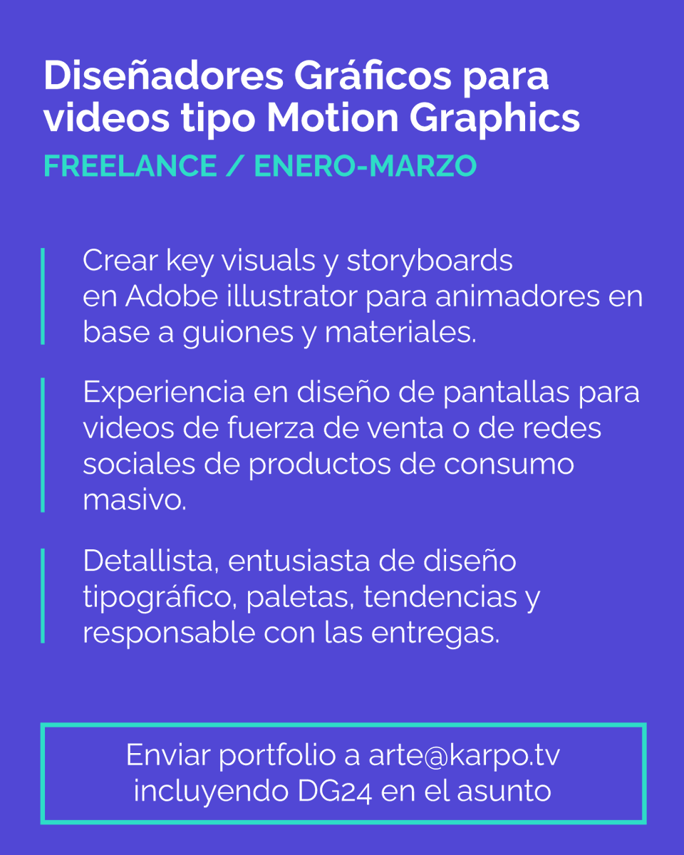 Hola! En Karpo buscamos Project Managers, diseñadores y animadores para videos motion graphics. Freelance/remoto para proyectos entre enero y marzo. Cada placa tiene info del rol y de contacto ¿Nos ayudás a llegar a más gente compartiendo la búsqueda o etiquetando amigos?