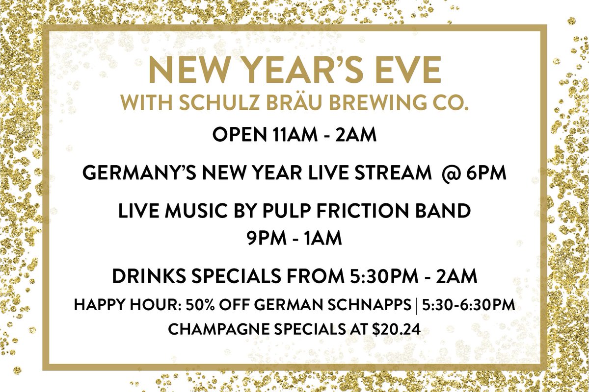 SchulzBrauBC's tweet photo. You've given us a wonderful year🤩🍻 Let's celebrate together this Sunday!!🥂🙌🎉 Live streams📽️, live music🎶🎷, &amp; drinks specials🍾✨ available throughout the evening!🙌😉

#schulzbrau #newyears #knoxville #germanbrewery #livemusic #pulpfriction #craftbeer #champagne #schnapps https://t.co/F1vmaQ93vw