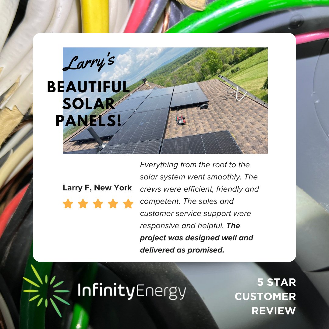 Another 5 Star review for #InfinityEnergy from a beautiful setting in upstate New York! Thank you, Larry F. and all of our wonderful customers...8,000 strong! #JustGoSolar #LocalEnergyRevolution #solarpowernewyork Call today: (845) 250-3737 or visit gosolar.thenewutility.com