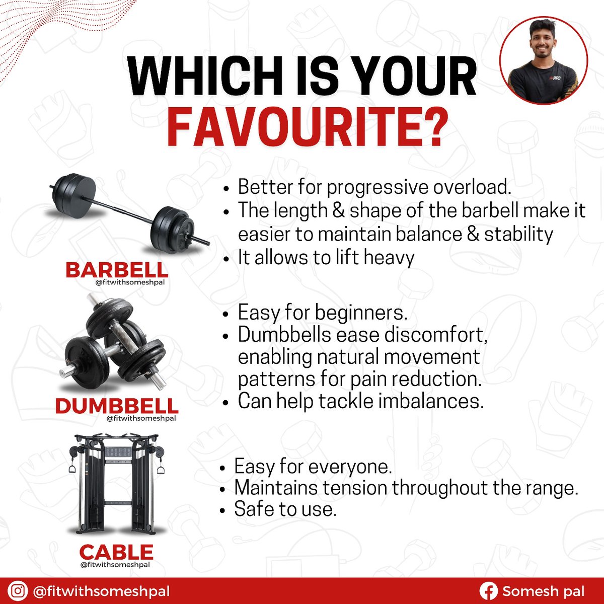 SomeshPal's tweet image. Each equipment has its own unique benefits and considerations, making them suitable for different workout preferences and levels.

What's your favorite among these?Comment below!!

Follow for more!!

#FitnessEquipment #BarbellTraining #DumbbellWorkout