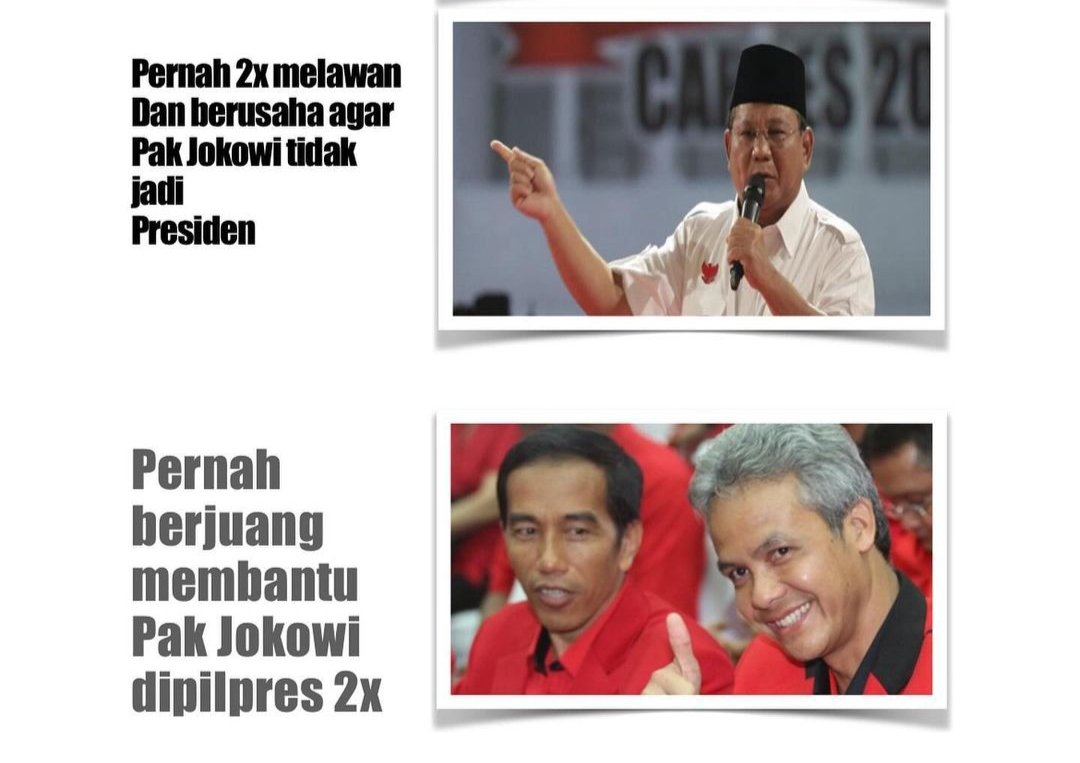 Prabowo: 
🔸️2x melawan Jokowi ✅️

Ganjar Pranowo:
🔸️2x berjuang memenangkan Jokowi ✅️

Trus sekarang pendukung Jokowi membela Prabowo daripada Ganjar. Demi apa coba?
