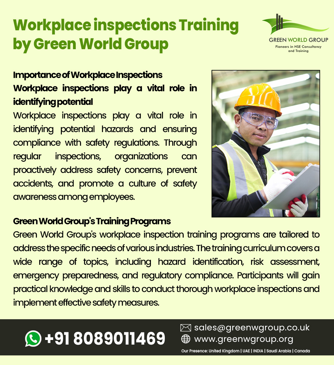 Visit Us : greenwgroup.co.uk  
Contact Us : +918089011469
Email : aswathi.s@greenwgroup.com

#WorkplaceInspections,#SafetyTraining,#GreenWorldGroup,#InspectionSkills,#WorkplaceSafety,#SafetyFirst,#OccupationalSafety