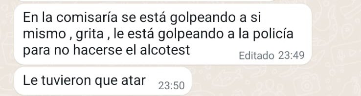 Hasta el garage de la casa entró (auto negro) persiguiéndole a mi mamá que le llamó a mis hermanos para que le auxilien, que iba a pasar si no estaban ellos para ayudarle? Pasó la noche en la comisaría rompiendo todo, tuvieron que atarle.