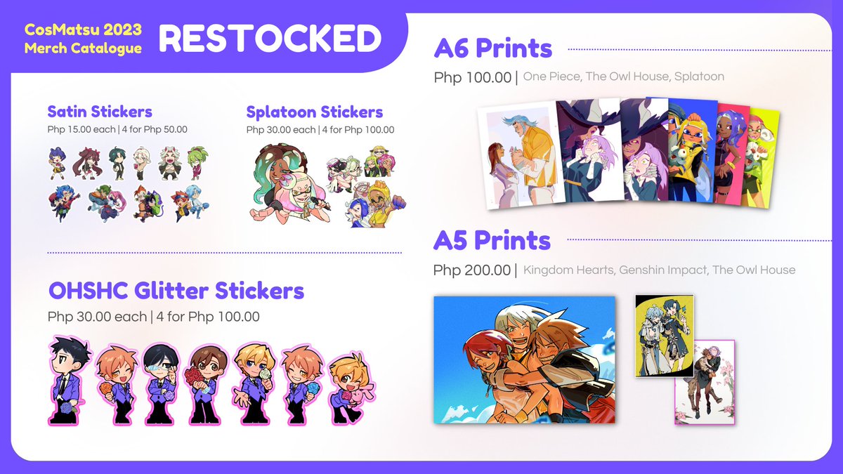 [🫶RTs]

RAAHHH am gonna be selling some stuff w friends at this year's cosmatsu!!! my merch catalogue is just below, please feel free to visit us at table FE-02!!! 🫶💜

#CosplayMatsuri2023
#FanFairAtCosplayMatsuri2023