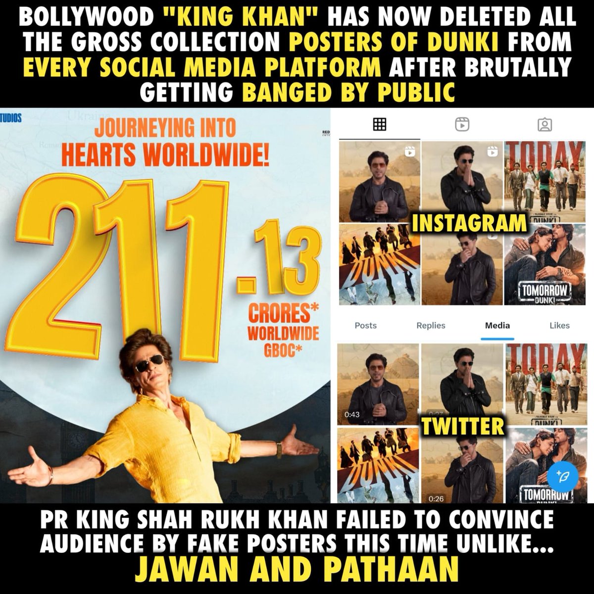 Tollyweed's tweet photo. #SRK Deleted all the gross collection posters of #Dunki From all social media platforms after brutally getting banged By Public 🏌️‍♀️🏌️‍♀️

#DunkiBoxOfficeScam 
#RecordBreakingSalaar #Salaar https://t.co/R3VGqo44dN