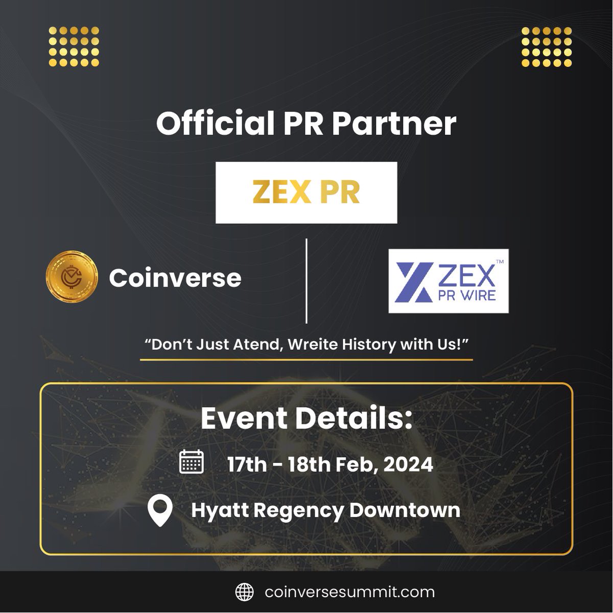 📢 Exciting News! 

🌐 We're thrilled to announce our PR partner for Coinverse Summit 2024 - ZEX PR WIRE™! 🚀 @zexprwire 

Stay tuned for unparalleled media coverage as we elevate Coinverse Summit with ZEX PR WIRE™ on board! 🚀

#Web3 #ToTheMoon #CryptoChristmas