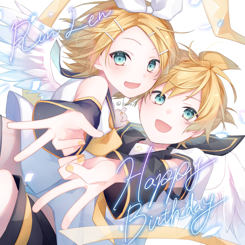 kagamine len ,kagamine rin 1girl blonde hair 1boy wings looking at viewer open mouth anniversary  illustration images
