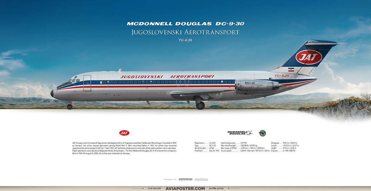 McDonnell Douglas DC-9-30 Jugoslovenski Aerotransport

Registration: YU-AJH
Type: DC-9-32
Engines: 2 × PW JT8D-9A
Serial Number: 47562
First flight: Dec 20, 1972

Poster for Aviators.
aviaposter.com
#proaviation #planes #aviationgeek #McDonnellDouglas #maddogseries #dc9