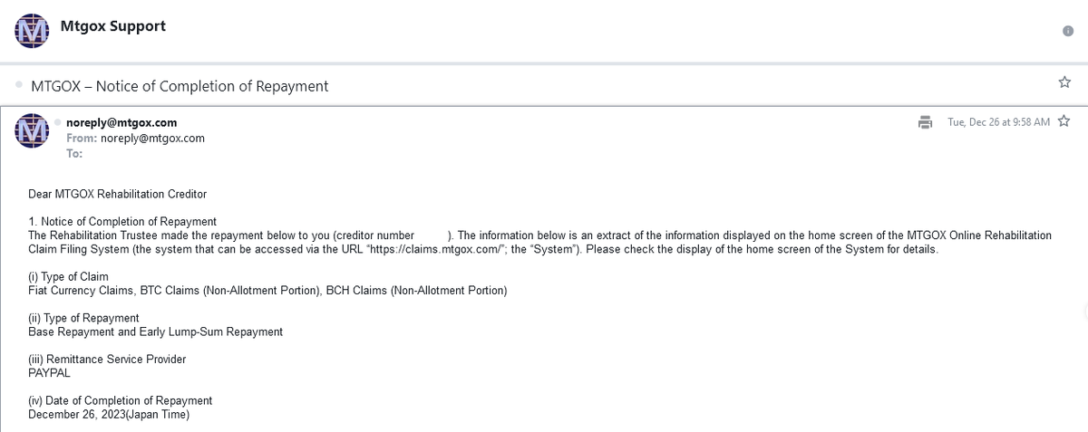 Finally the payments started for #mtgox claims after the whole thing was 9+ years in court. Once #BTC #BCH portion is paid (even if a portion from total claim, there are still high double digit gains), it could add to sell pressure as 138k BTC is due to be distributed. 🔥💎