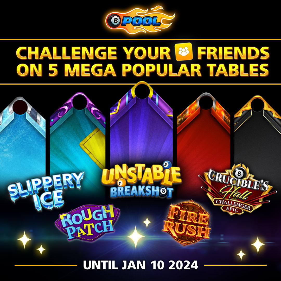 Don’t miss your chance to challenge friends on 5 mega popular tables, including:
🧊 #SlipperyIce
🔥 #FireRush
💥 #CruciblesHall Challenger Epic!

More Info » mcgam.es/T02wkl

#8BallPool