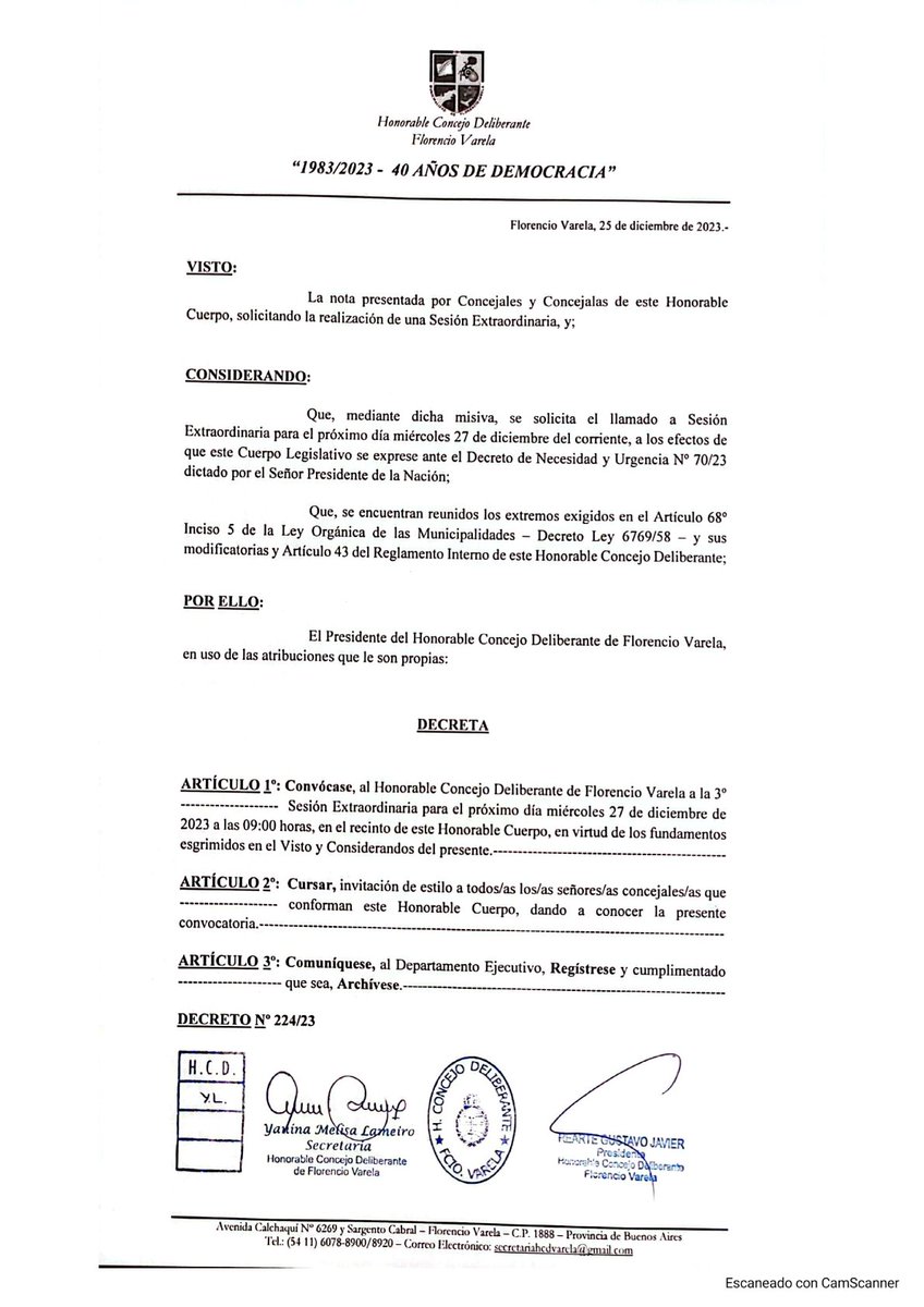 Decreto de convocatoria a la Tercera Sesión Extraordinaria del día miércoles 27 de diciembre de acuerdo a lo solicitado por el Presidente del Bloque oficialista para que el Cuerpo Legislativo se exprese ante el DNU Nº70/2023 dictado por el señor Presidente de la Nación.