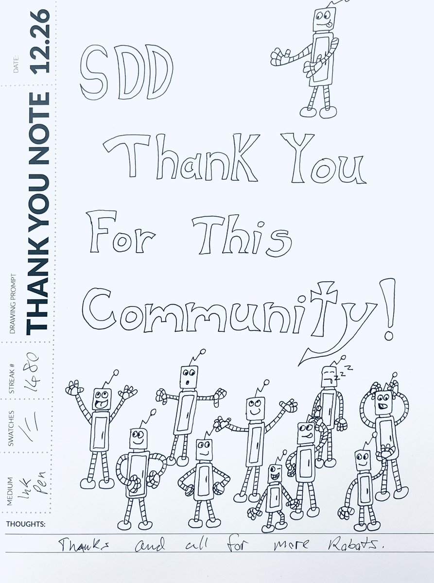 RandallAndrews1's tweet image. Day 26. Thank You Note. From my robots to my community. This is the best place. Thank you. #thankyounote #SimpleDailyDrawing #December2023 #drawingprompts #Robots #frumpysketch @SDDArtCommunity