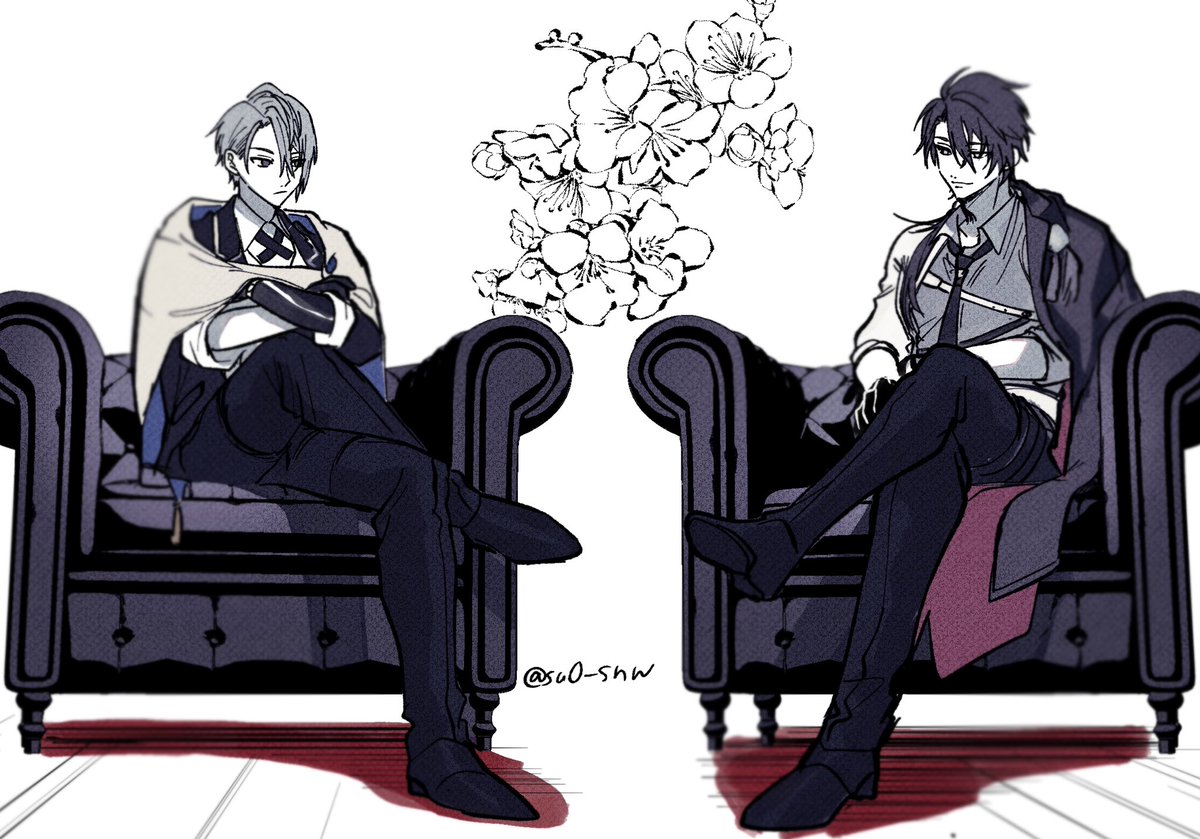 multiple boys 2boys crossed legs sitting couch male focus necktie  illustration images