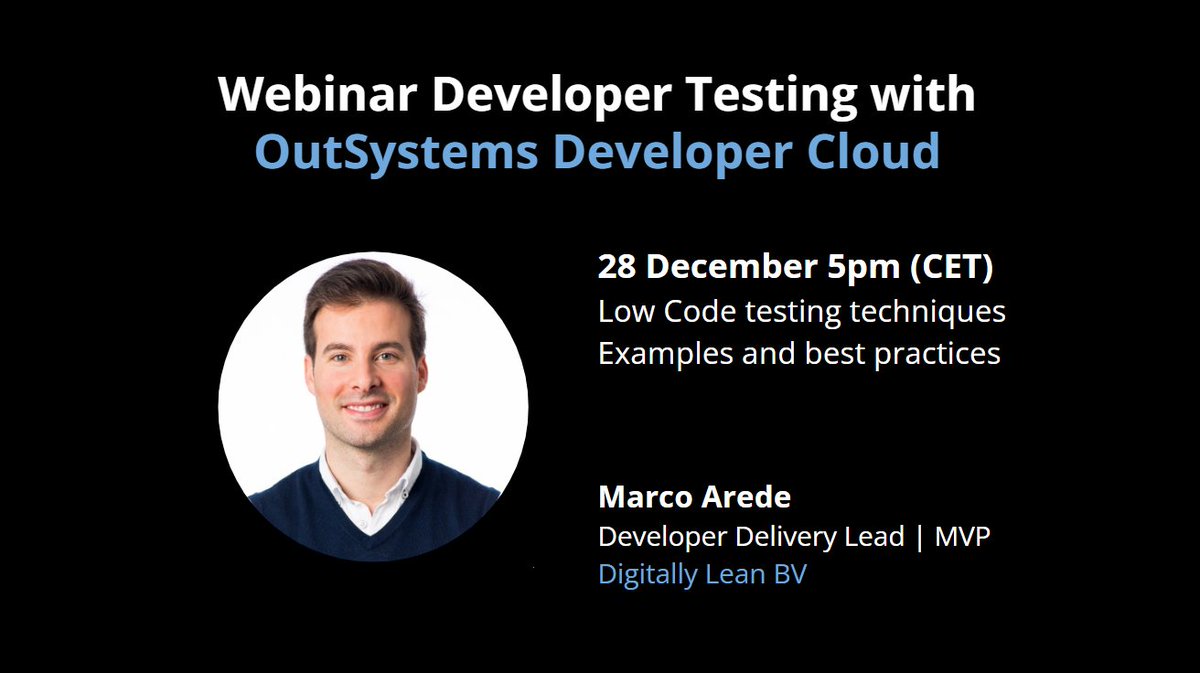 marcoarede's tweet image. In a fast-paced world of software development with #LowCode, ensuring quality is paramount! 🛠️

This webinar explains some developer testing techniques we can use in ODC: #OutSystemsDeveloperCloud

Join me on 28 December, 5pm (CET) 🚀

digitallylean.wordpress.com/webinar/

#OutSystemsMVP