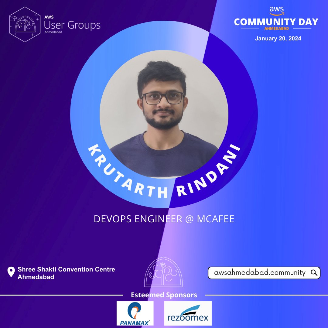 🎟️ 𝐓𝐡𝐫𝐢𝐥𝐥𝐞𝐝 𝐭𝐨 𝐚𝐧𝐧𝐨𝐮𝐧𝐜𝐞 Krutarth Rindani, 𝐚𝐧 𝐞𝐬𝐭𝐞𝐞𝐦𝐞𝐝 DevOps Engineer at MCAFEE !! Join us for his insightful session at AWS Community Day Ahmedabad 2024. #aws #awscloud #awsugahm #awscommunity #awscommunityday