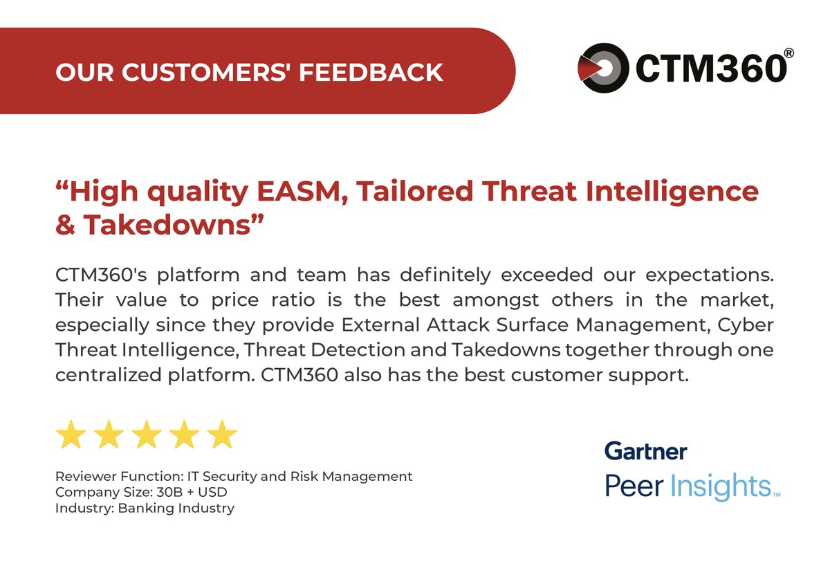 Discover CTM360 through the eyes of its users!
Read the full review here:
gartner.com/reviews/market…

#gartner #gartnerpeerinsights #easm #drp #cybsecurity