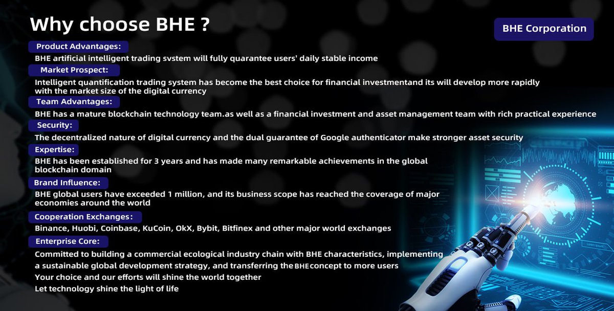 BlockHarbor's tweet image. Why choose BHE？
Product Advantages: BHE artificial intelligent trading system will fully guarantee users' daily stable income
Market Prospect: Intelligent quantification trading system has become the best choice for financial investment, and its will develop more rapidly with…