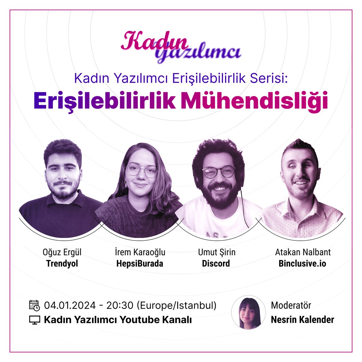 kadinyazilimci's tweet photo. Erişilebilirlik serimizin ikinci etkinliğini duyurmaktan mutluluk duyuyoruz. 🎊
Yeni yılın ilk yayın konusu Erişilebilirlik Mühendisliği 💻
4 Ocak'ta youtube kanalımıza bekliyoruz!
https://t.co/O2M9Q7vfXc https://t.co/UTvxOLHxG7