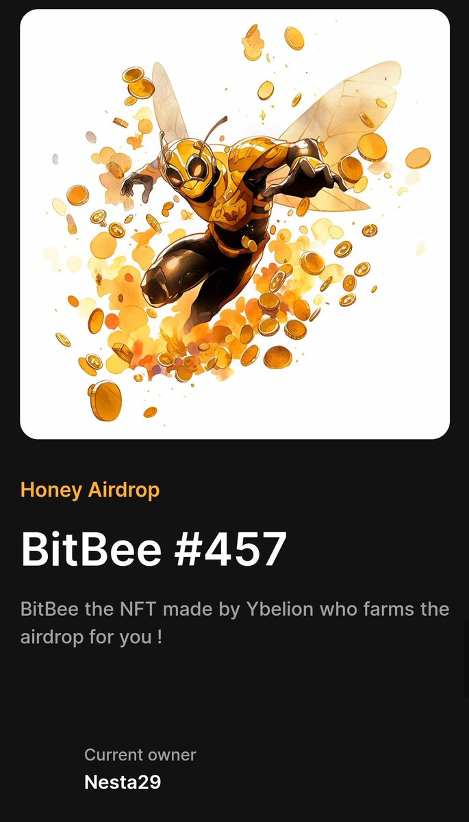 Nestagong29's tweet image. Nouvelle acquisition du jour, un merveilleux #BitBee du projet @HoneyAirdrop fait par @ybelionCC
Plus qu&apos;à recolter des airdrops sans prise de tête 🙌