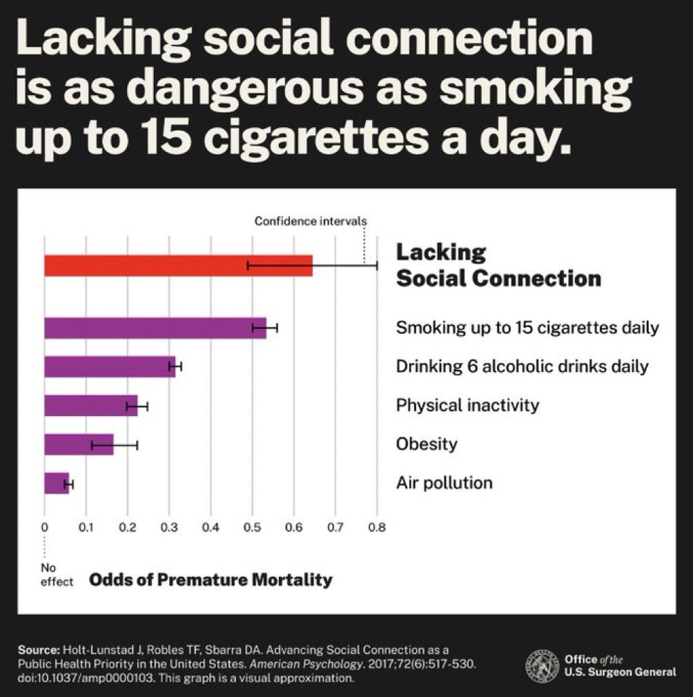 This chart was in a recent report on the loneliness epidemic. Friendship and social connection are essential for health. Loneliness kills.