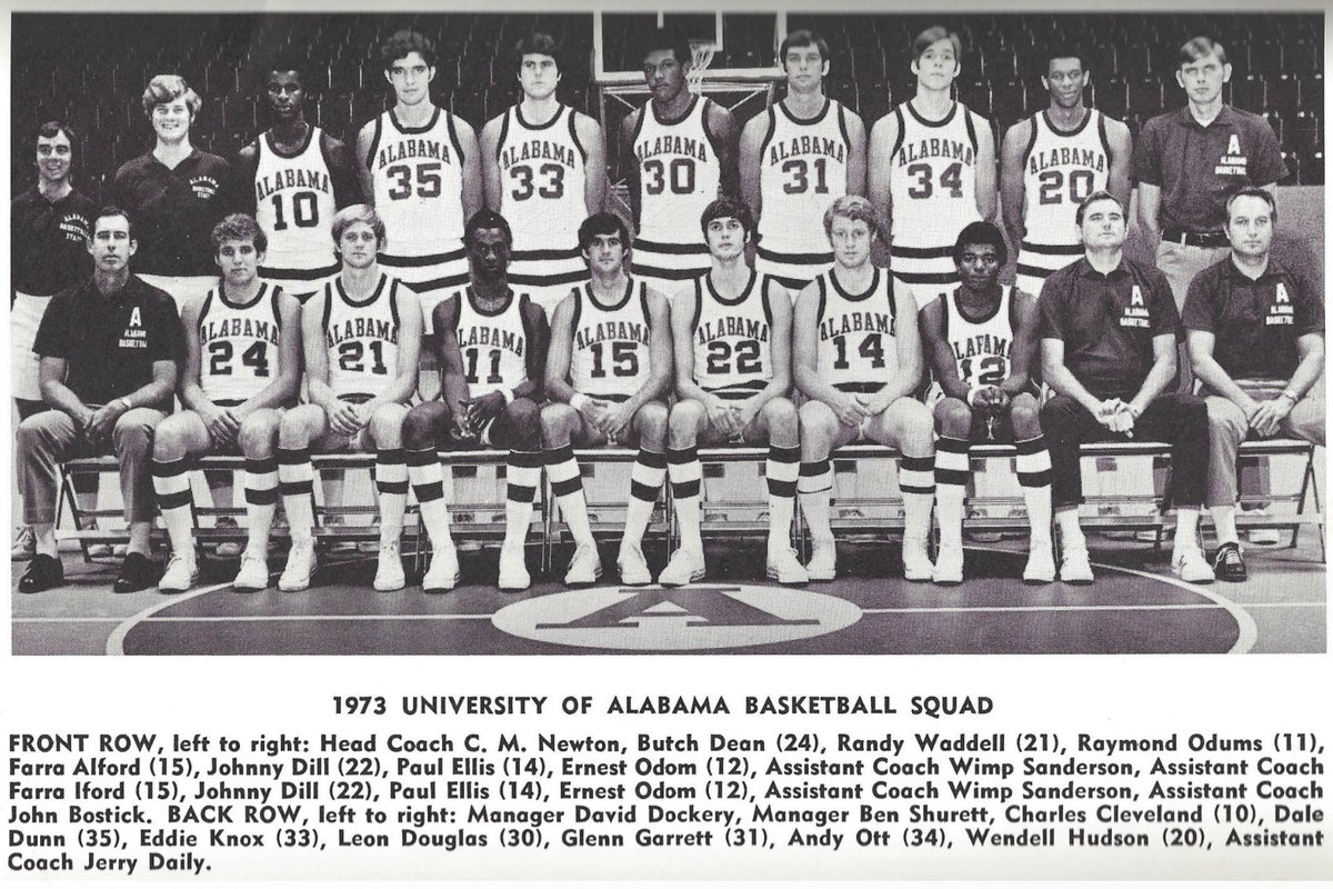 BamaHistory's tweet photo. Today’s flashback is the Crimson Tide’s 87-86 victory over Manhattan in the 1973 NIT. Glenn Garrett hit a 20-foot shot at the buzzer for the win, while Wendell Hudson led the Tide with 20 points. Thanks to follower @RDavies100 for submitting this @AlabamaMBB childhood memory. https://t.co/mcIfFB73ZA