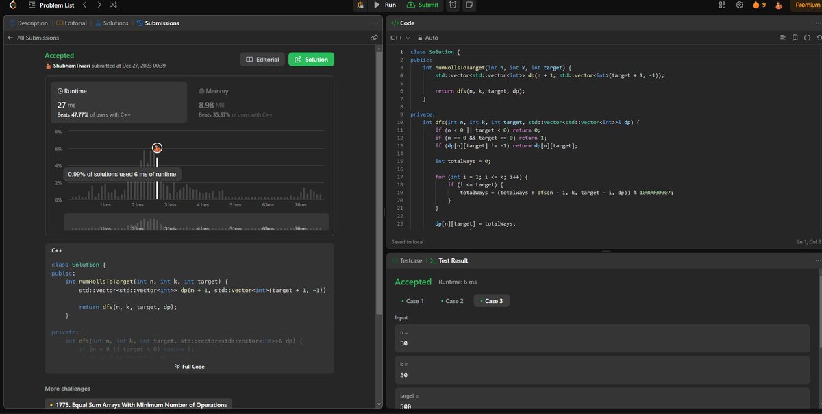 shubhamtwtt's tweet photo. Day 9 in LeetCoding : 1155 Number of dice rools with target sum
Excited to conquer more challenges and continue refining my problem-solving skills.
github: https://t.co/2kM13e6PscโฆLets go!! @LeetCode
#DSA #CompetitiveProgramming #ProblemSolving #LeetCode #CodeSuccess https://t.co/ouLNGA5rnl