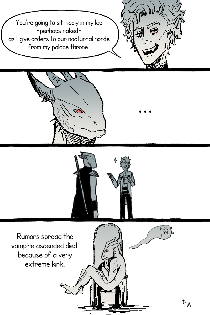 Dragonborn Dark Urge and A.Astarion - BG3 shortcomic

I know many people like to imagine the scene with a sexy woman on Astarion's lap but when I saw the scene I couldn't help myself but laugh, remembering that the default dark urge is a huge dragonborn haha(im sorry)~