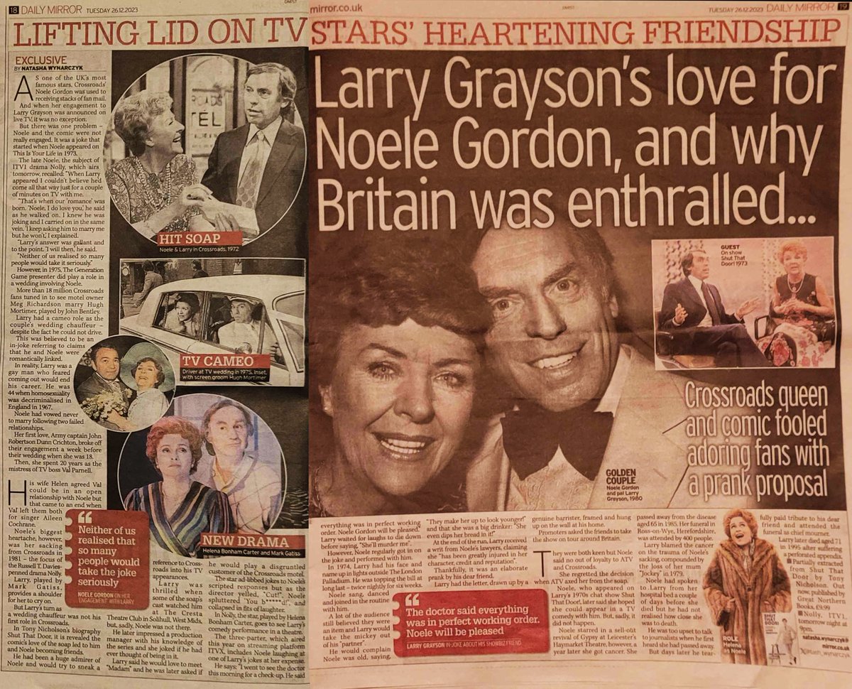 TheNoeleGordon's tweet image. Larry Grayson and Nolly's friendship covered in a spread in The Daily Mirror: Only 1 mistake, there were 2000 people at Nolly's funeral (as BBC News noted in 85) not 400 (Though maybe they're just counting inside the church!) mirror.co.uk/3am/celebrity-… #Nolly #ITVNolly #LarryGrayson