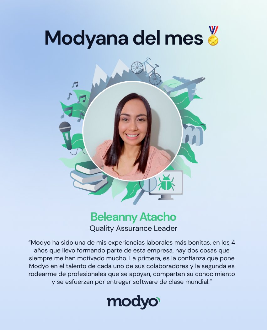modyo_es's tweet photo. Hoy celebramos a Beleanny, nuestra Modyana del mes de diciembre. Desde el 2019, ha dejado su huella como Quality Assurance Engineer y ahora como líder de área en Modyo. Su pasión, compromiso y curiosidad son la chispa que impulsa a nuestro equipo de QA. 🎖️👏

¡Felicidades, Bel! https://t.co/TFVDRJZGEh