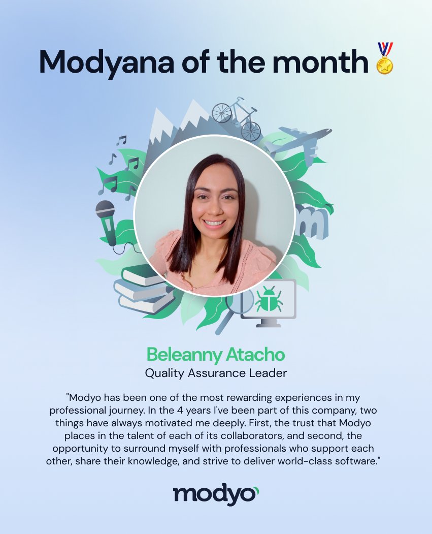Today we celebrate Beleanny, our Modyana of the Month of December. Since 2019, she has made her mark as a Quality Assurance Engineer and is now a leader at Modyo. Her passion, commitment, and curiosity are the driving force behind our QA team.   

Congratulations, Bel! 🎖️👏