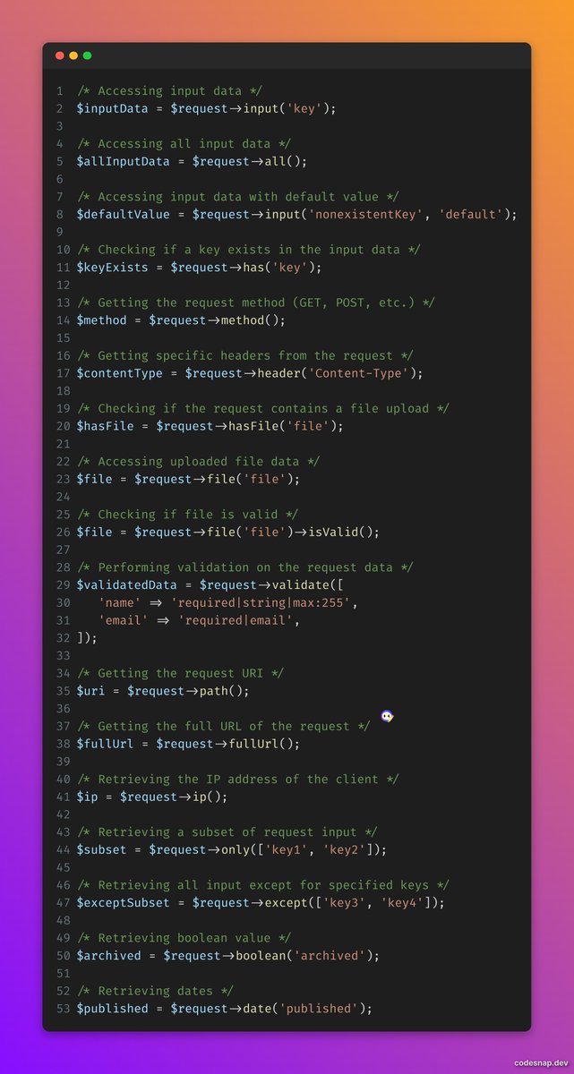 🟥Laravel Developers Insight

Laravel's Illuminate\Http\Request class provides a clean and very readable way to access the $request object.

Below is a compilation of few methods

#Laravel #php #phpframework